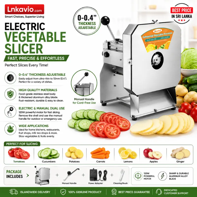 Commercial Electric Vegetable Slicer Machine with Stainless Steel Body and Adjustable 0–10mm Cutting Thickness in Sri Lanka
